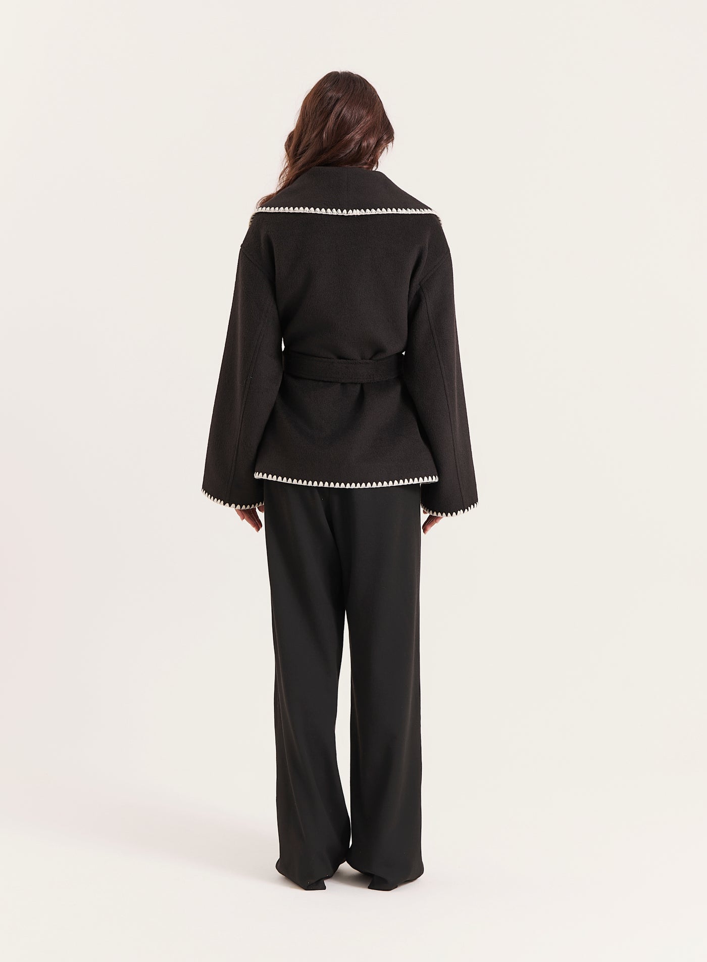 Black Contrast Stitch Belted Jacket